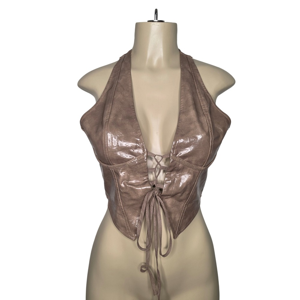 PrettyLittleThing Halter Top Womens 6 Brown Faux Leather Lace Up Corset Edgy